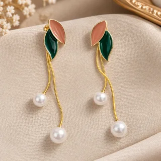 Korean Pearl Leaf Luxe Drop Earrings